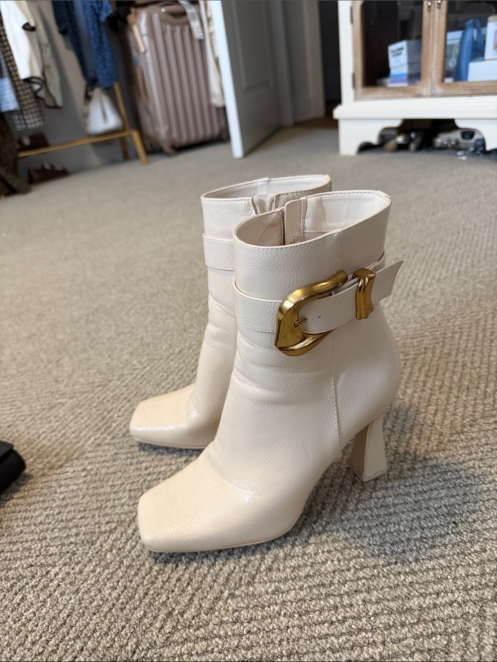 Sam Edelman Cream Leather Ankle Boots with Gold Buckle Accent